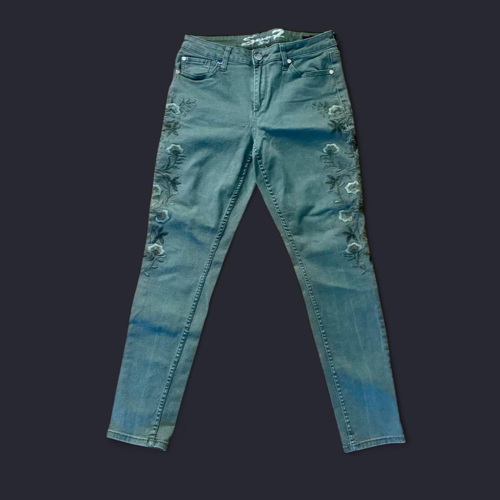 Seven7 Teal Green Embroidered Skinny Jeans